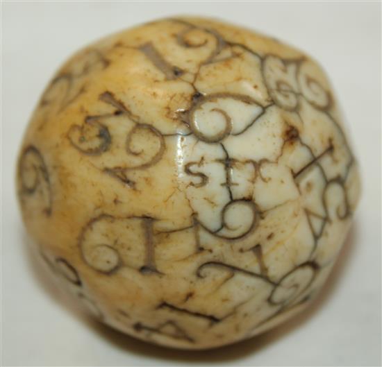 A rare English ivory Teetotum gambling ball, mid 18th century, approx. 1.9in. diameter